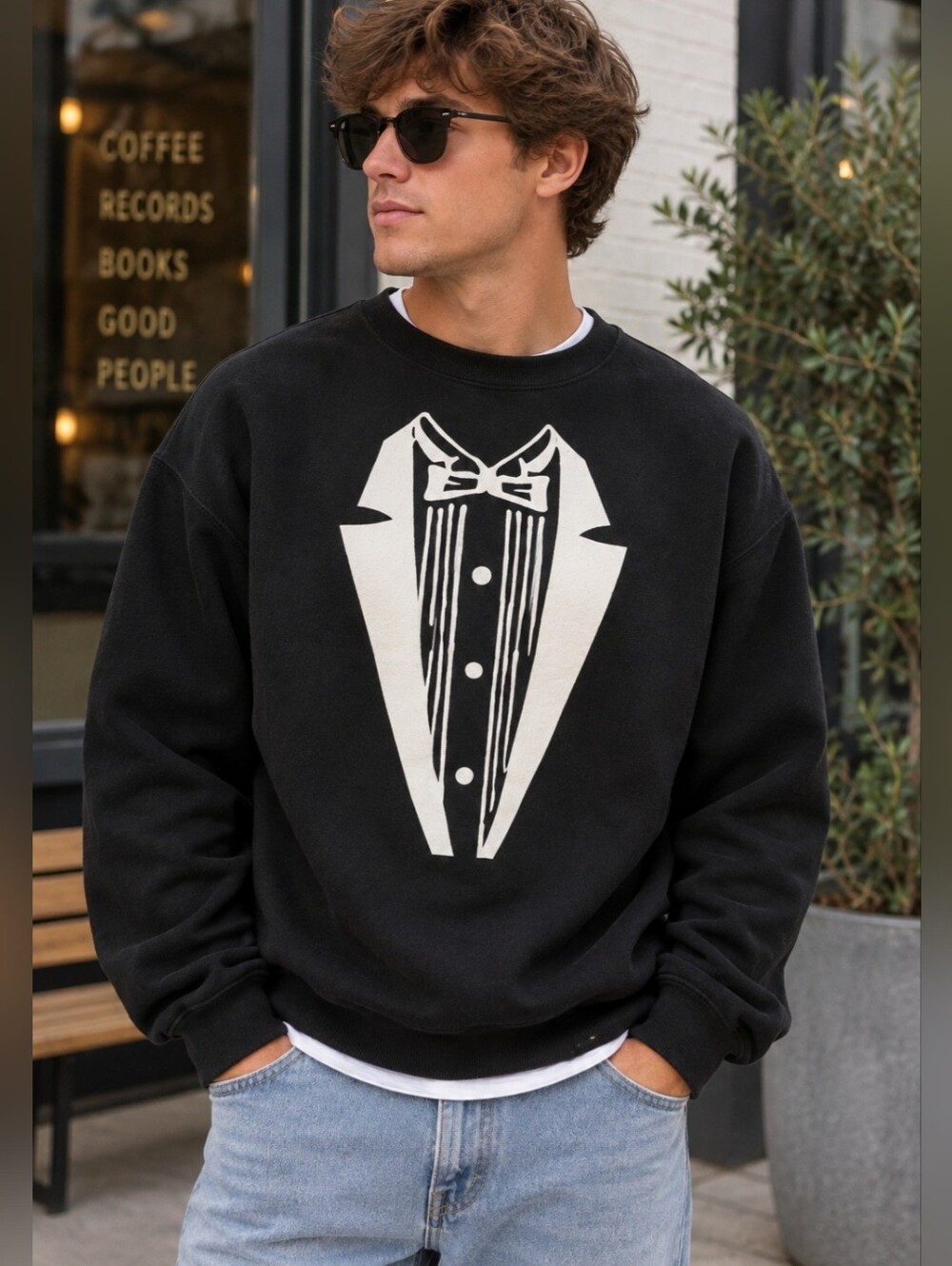 Fruit of the Loom Size Large Vintage Made In USA Tuxedo Black Crewneck Sweatshir